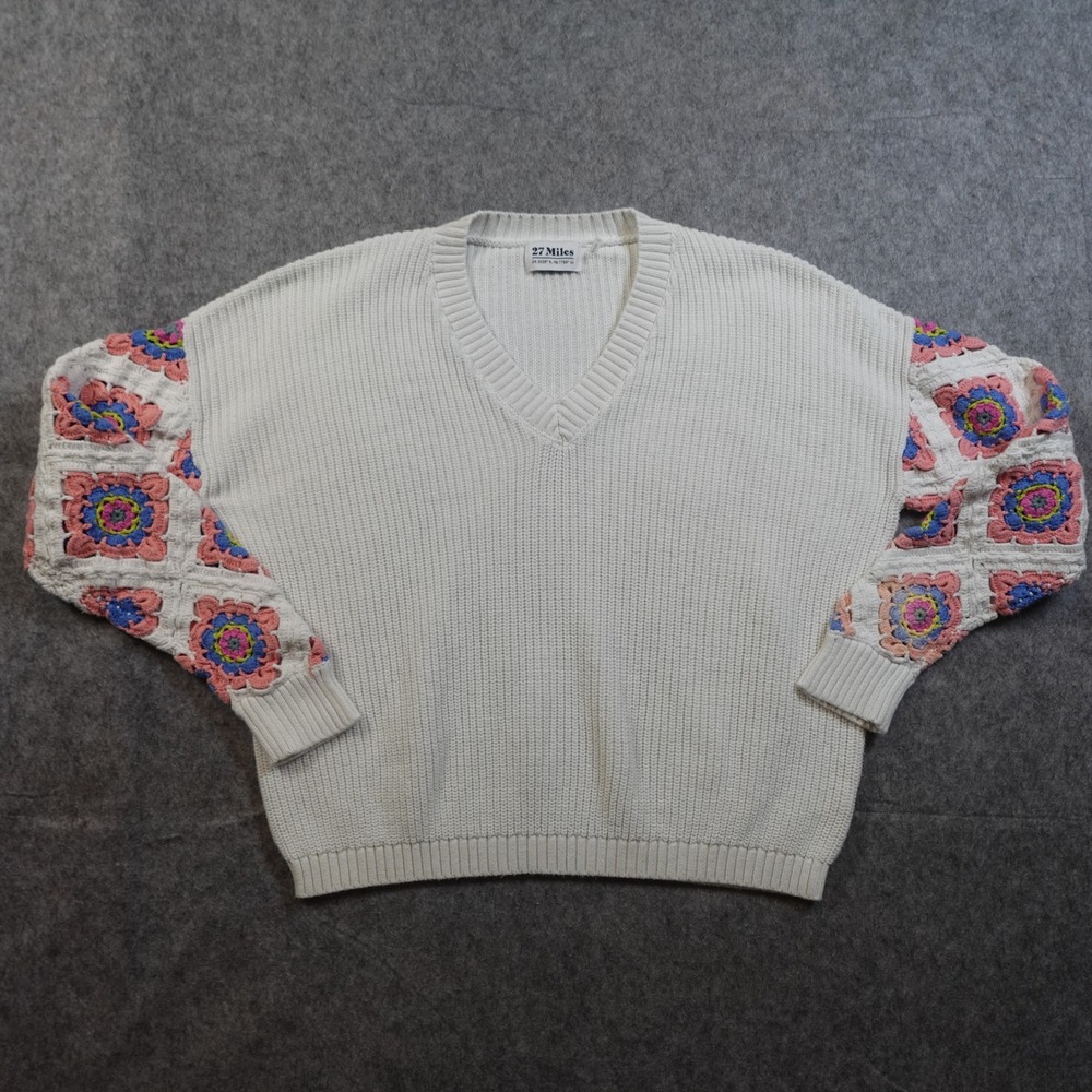 27 Miles Sweater Womens Extra Small White Granny Square Sleeves VNeck Knit